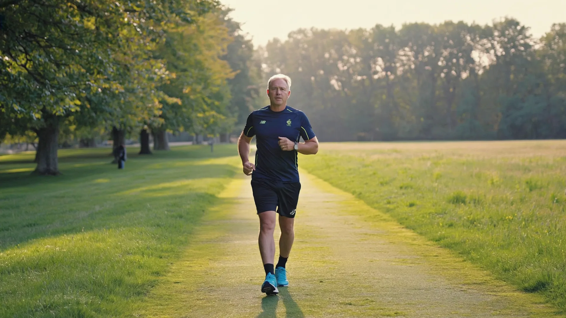A man walking briskly outdoors on a green park path