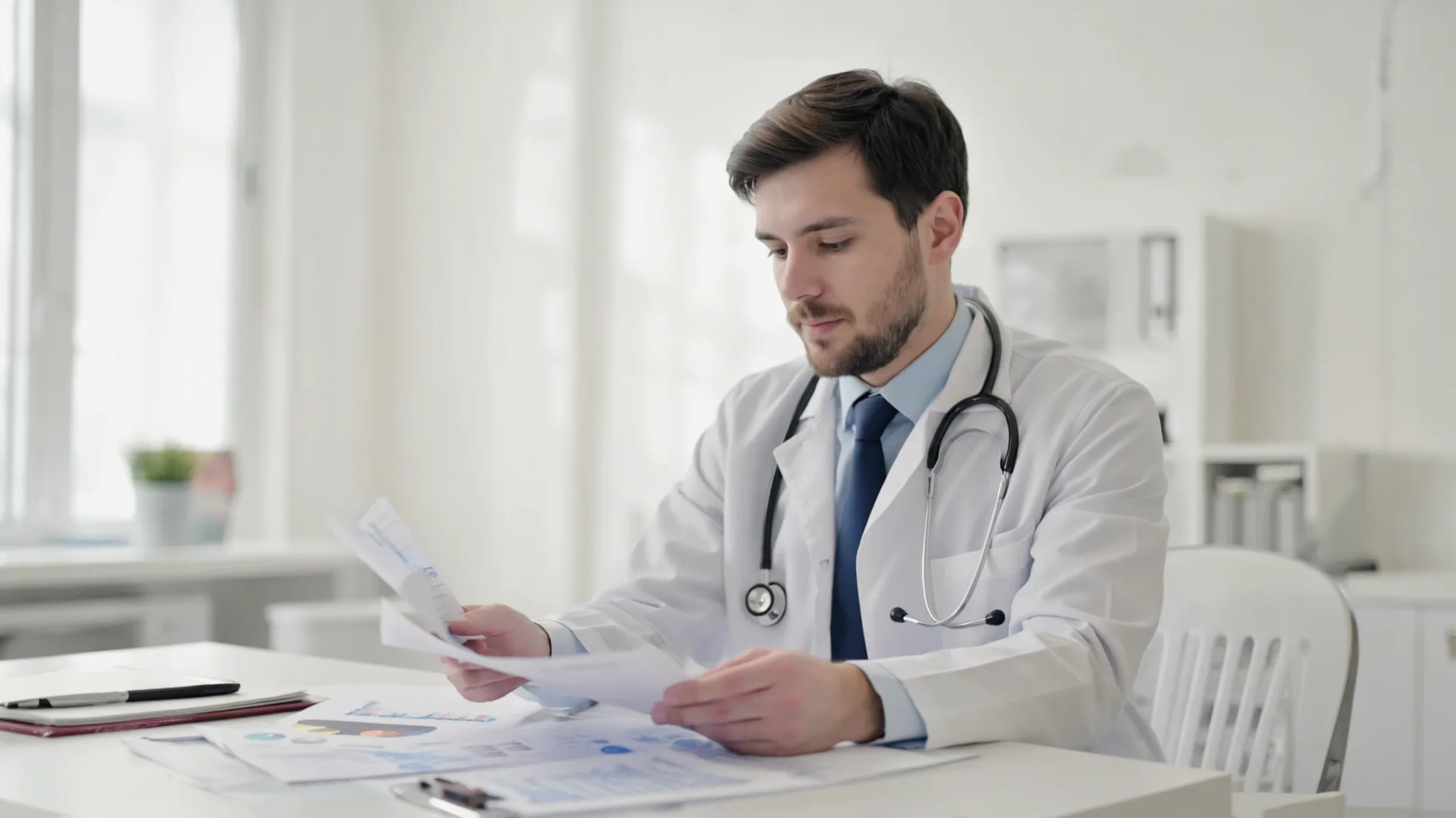 A doctor reviewing clinical research notes at a desk
