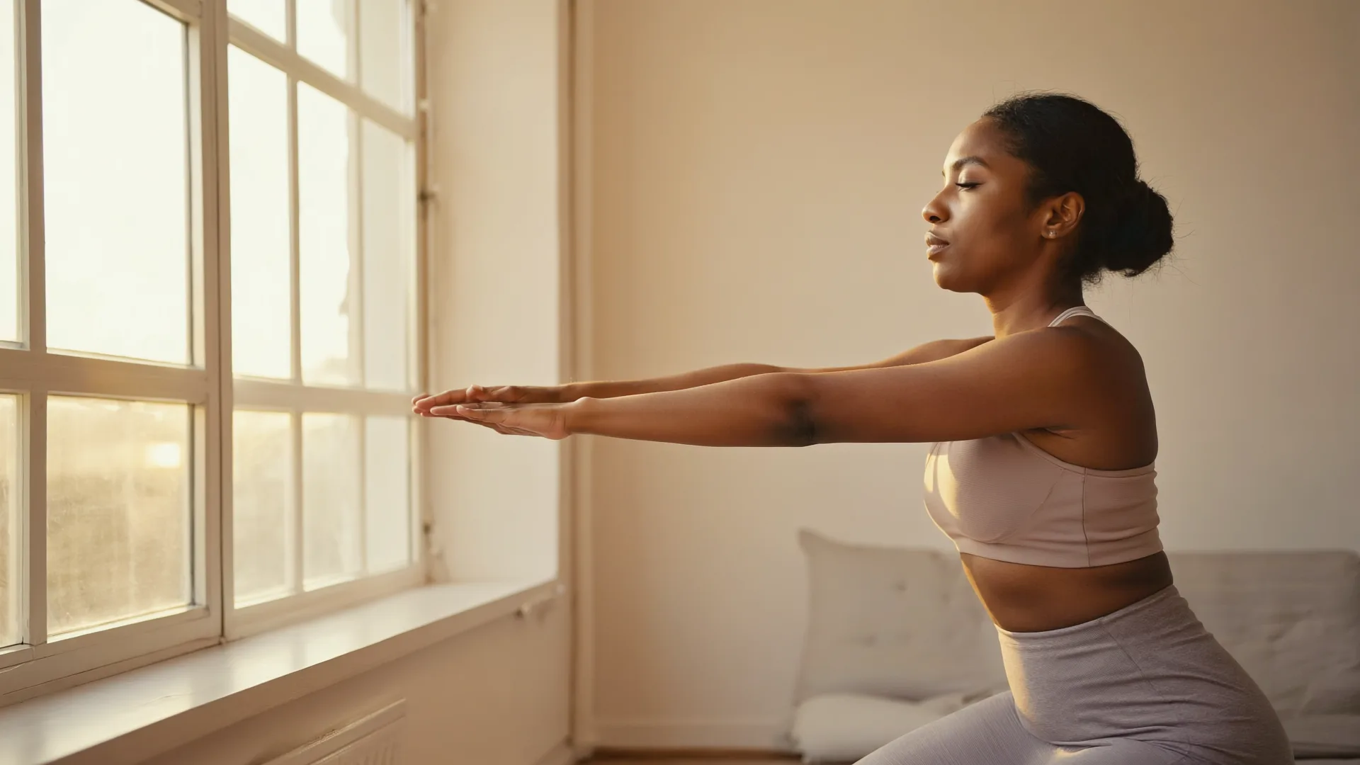 A woman doing gentle yoga and breathing exercises by a sunlit window