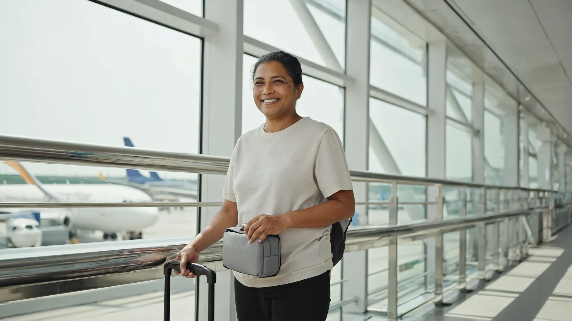 A traveller with a small suitcase and insulated medication pouch at the airport